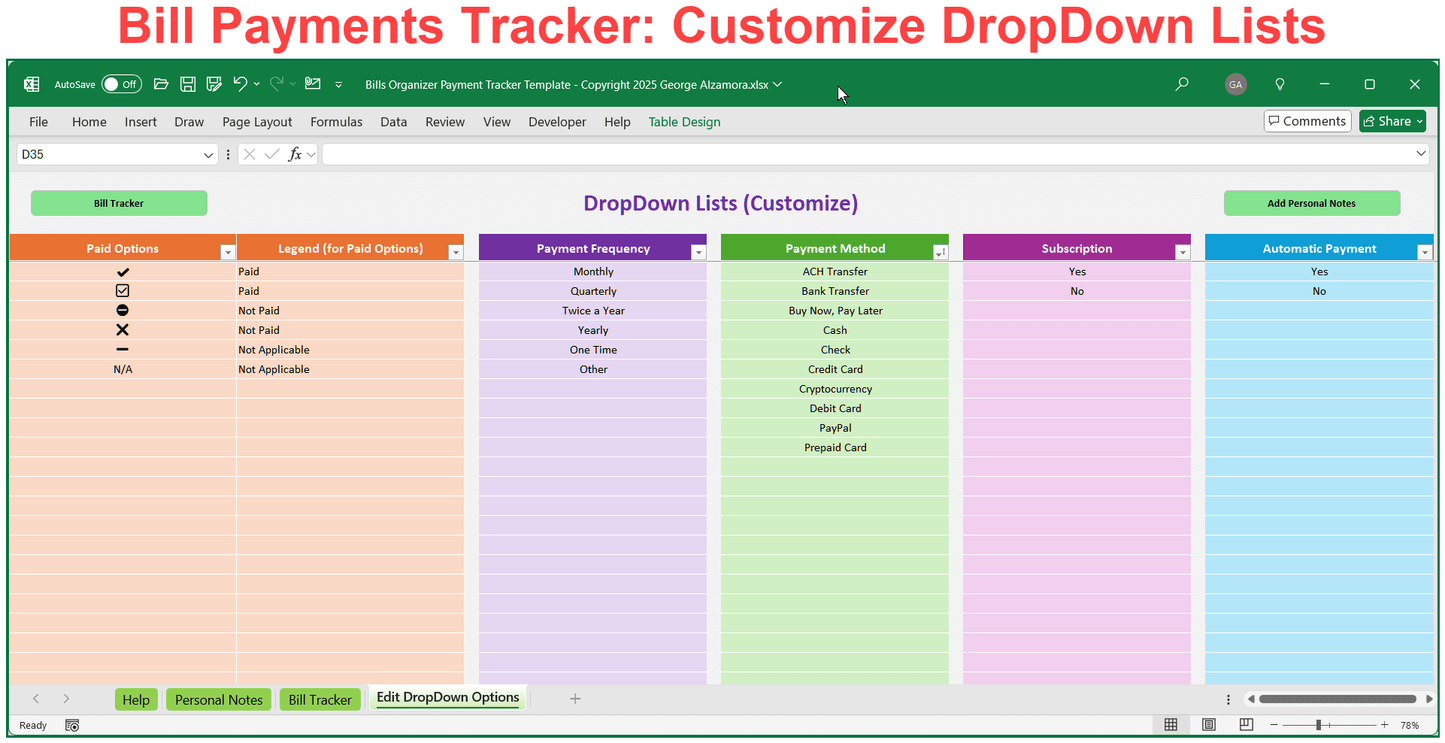 Customizable Bill Payments Tracker