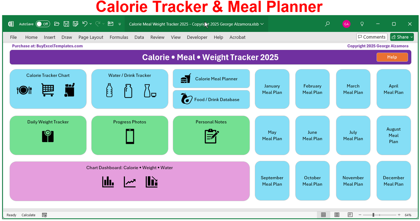 Calorie Counter Meal Planner Weight Log Spreadsheet
