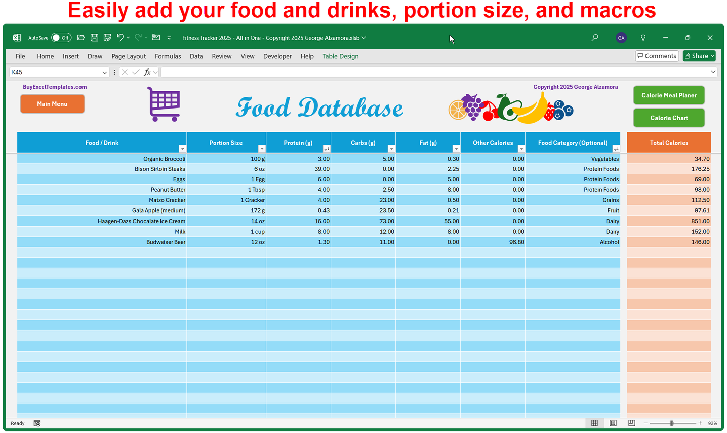 Calorie Tracker Food Drink Database