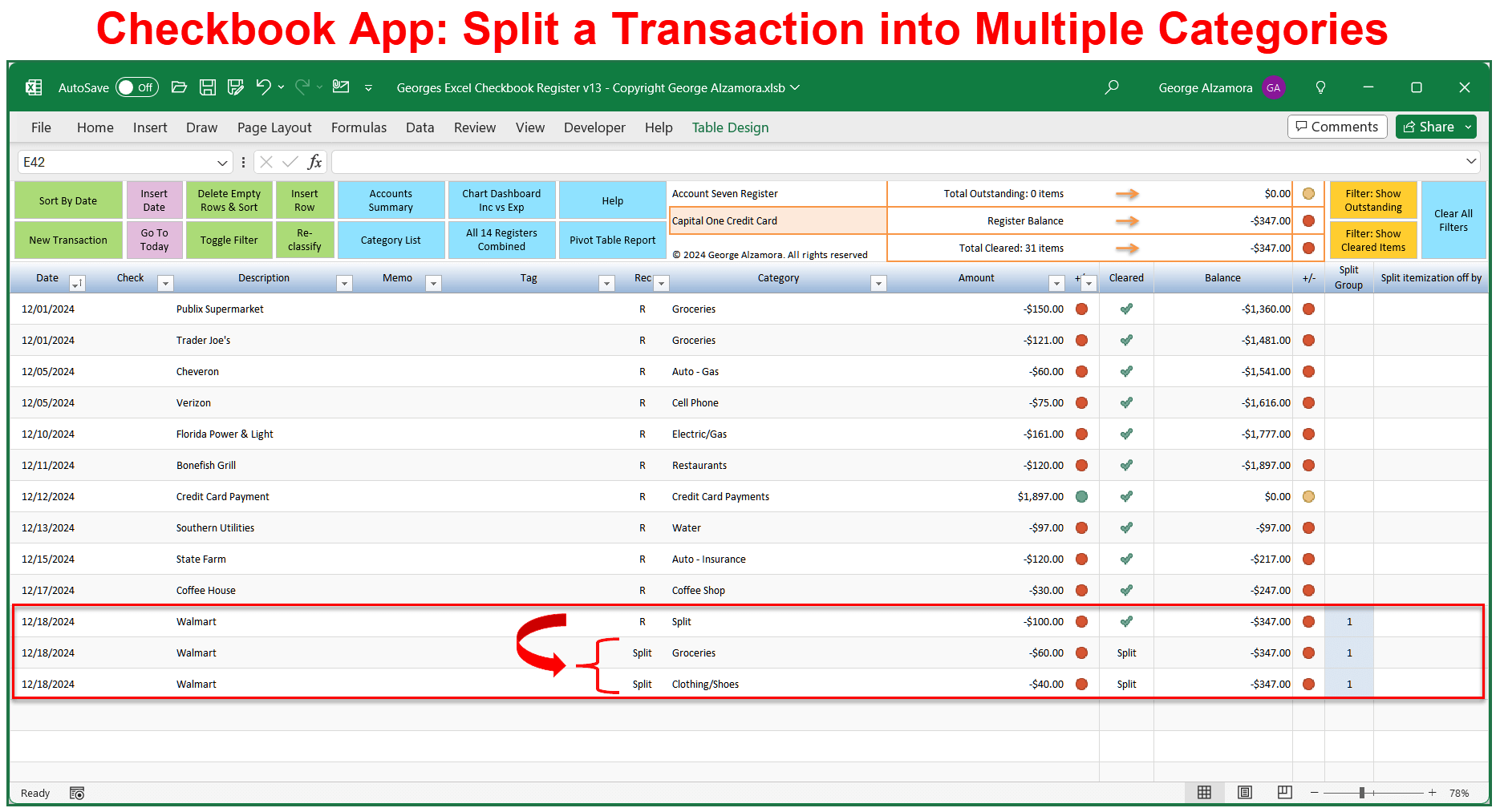 Checkbook App Split A Transaction Into Multiple Categories