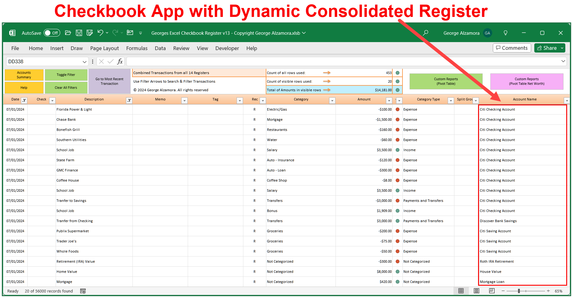 Checkbook App With Dynamic Consolidated Excel Register