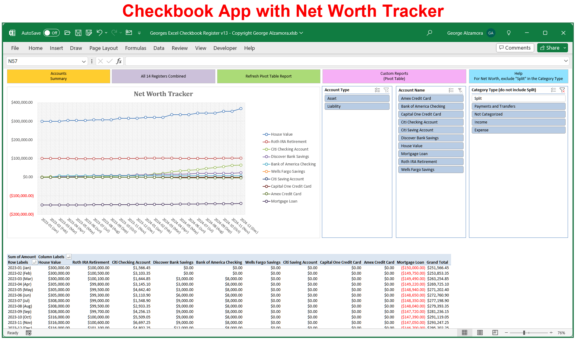 Checkbook App With Net Worth Tracker Spreadsheet