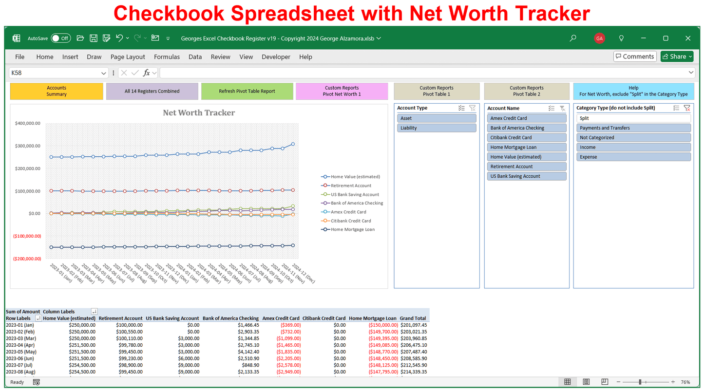 Checkbook Register Template, Money Management: All Accounts in One Place, Excel Spreadsheet
