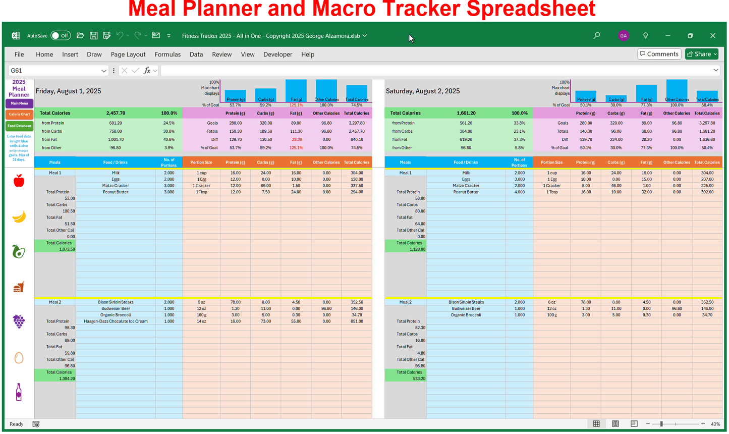 Meal Planner Macro Tracker Spreadsheet
