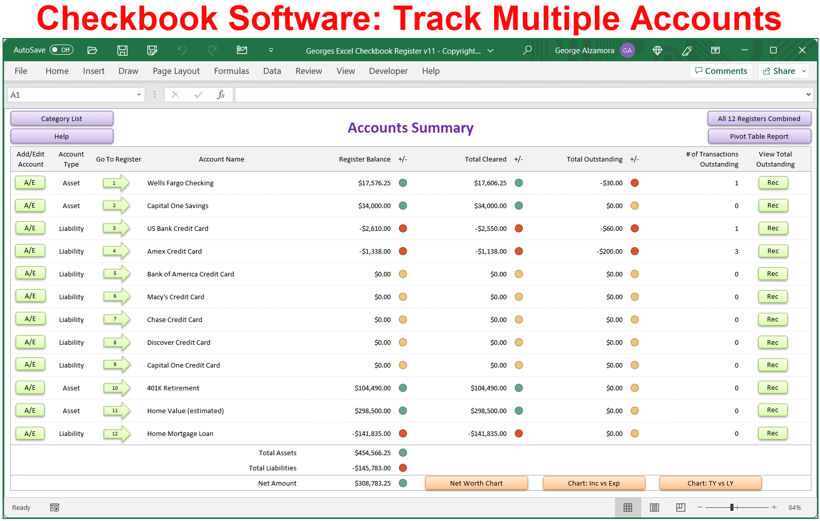 Multi Account Tracker Checkbook Credit Card