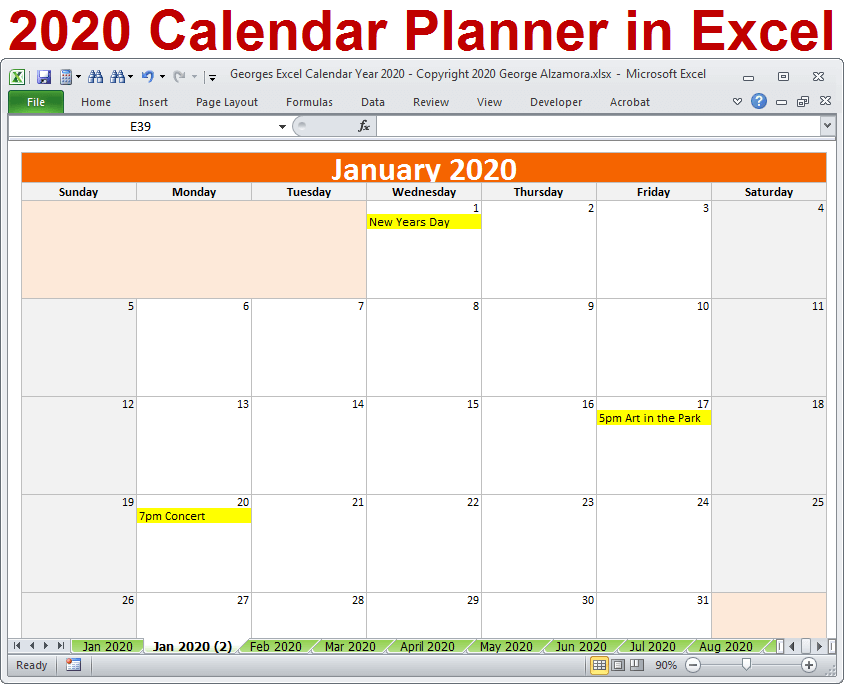 2020 Excel calendar planner template