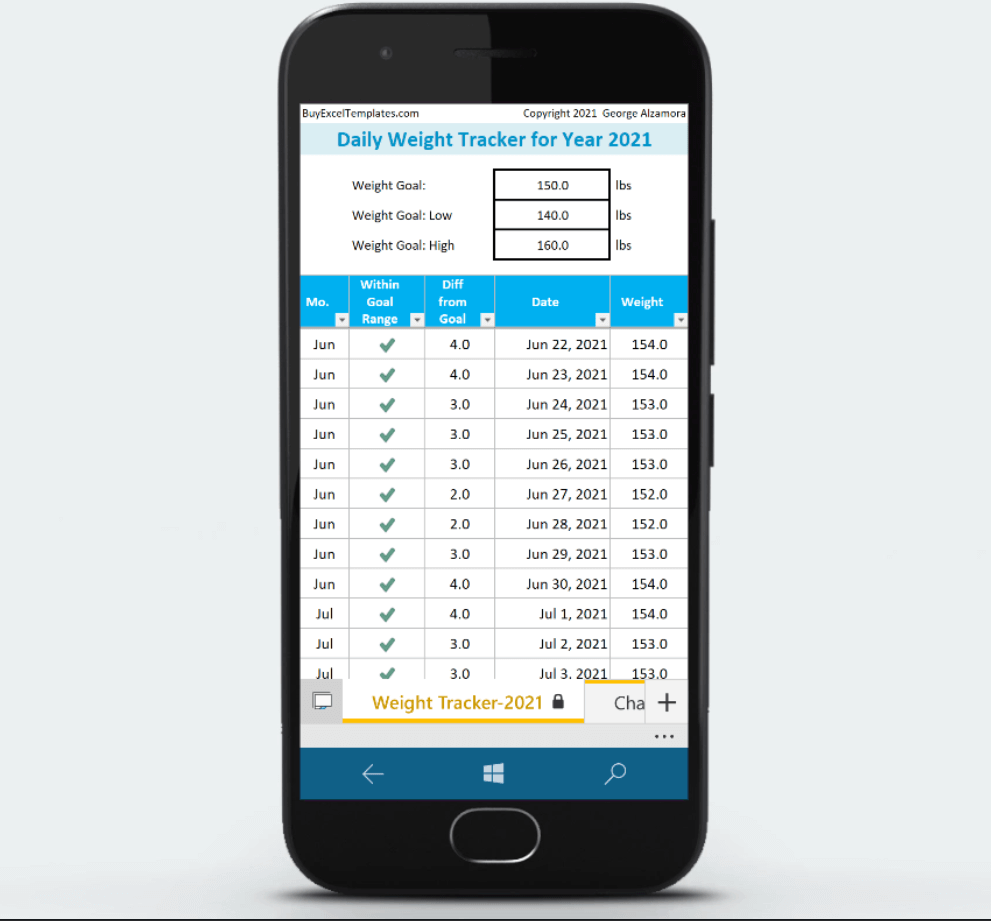 2021 Android weight tracker app spreadsheet