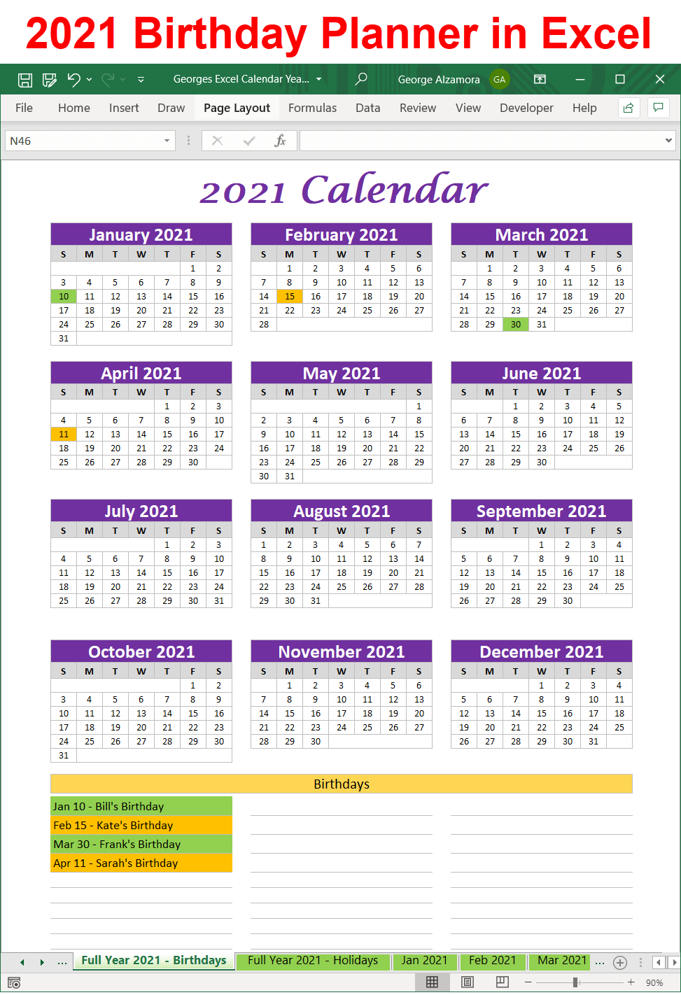 2021 calendar birthday planner