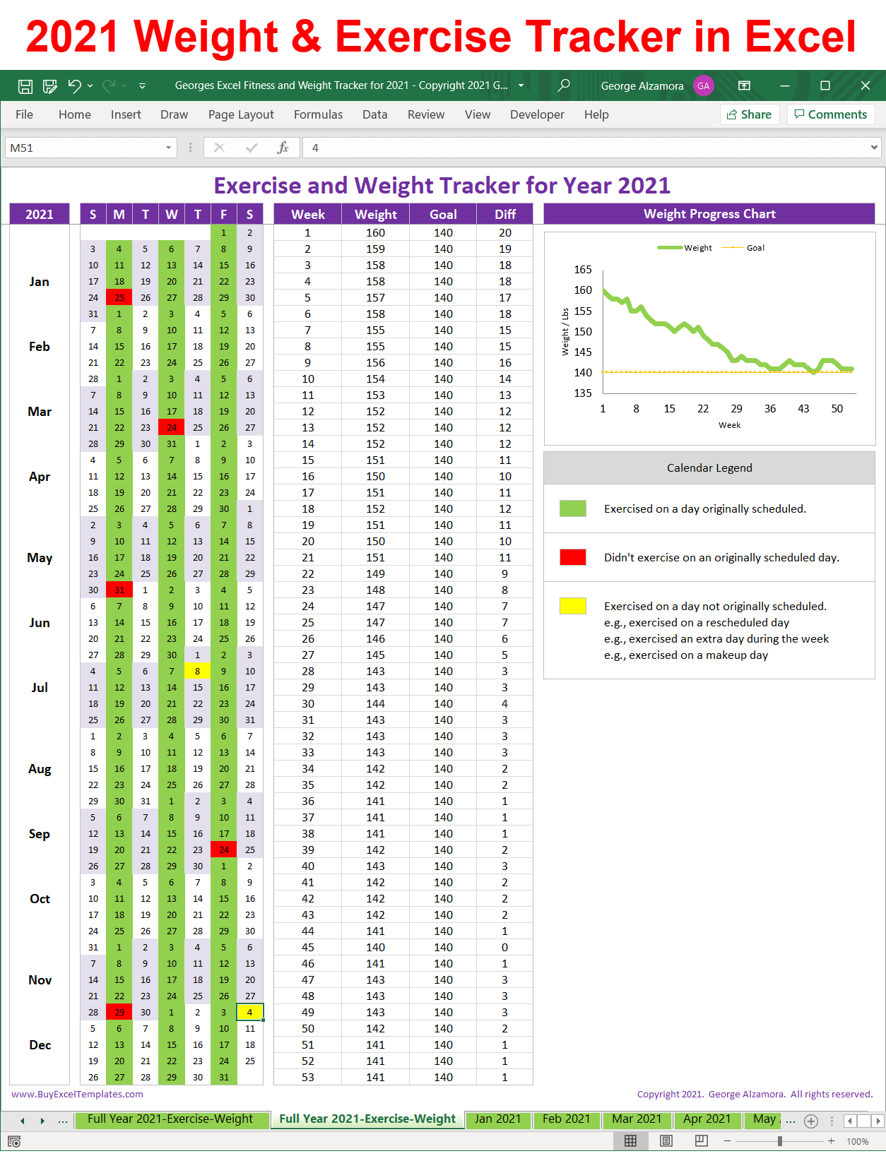 2021 weight loss tracker exercise planner Excel template