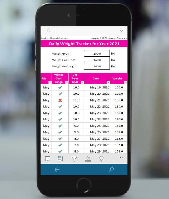 2021 weight tracker for iPhone iOS Excel spreadsheet