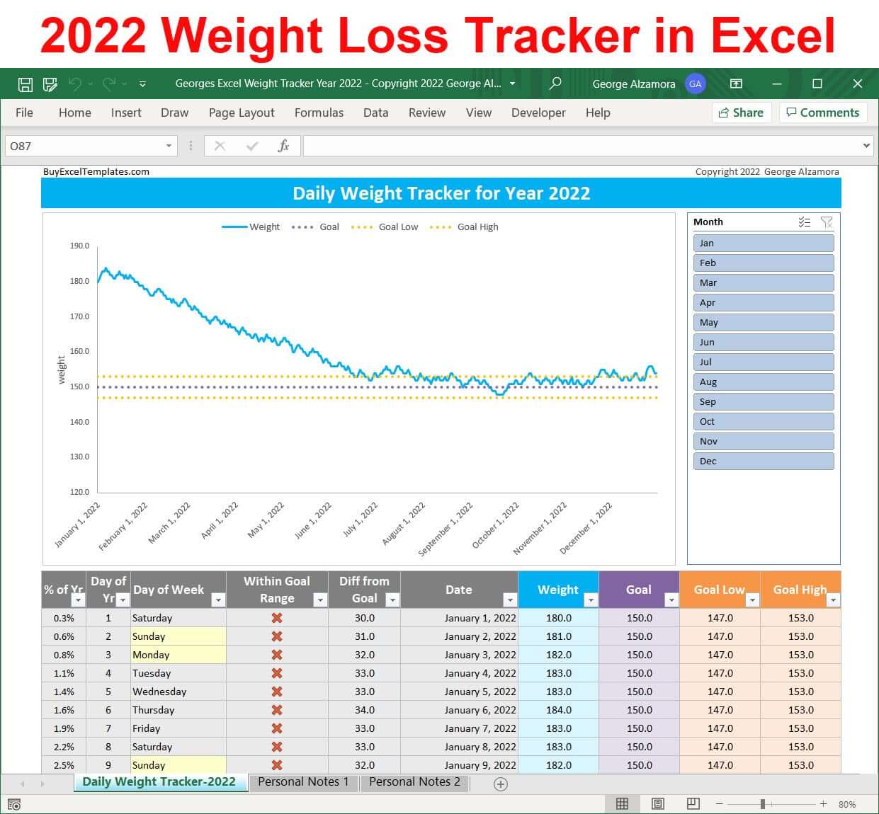 2022 daily weight tracker Excel templates