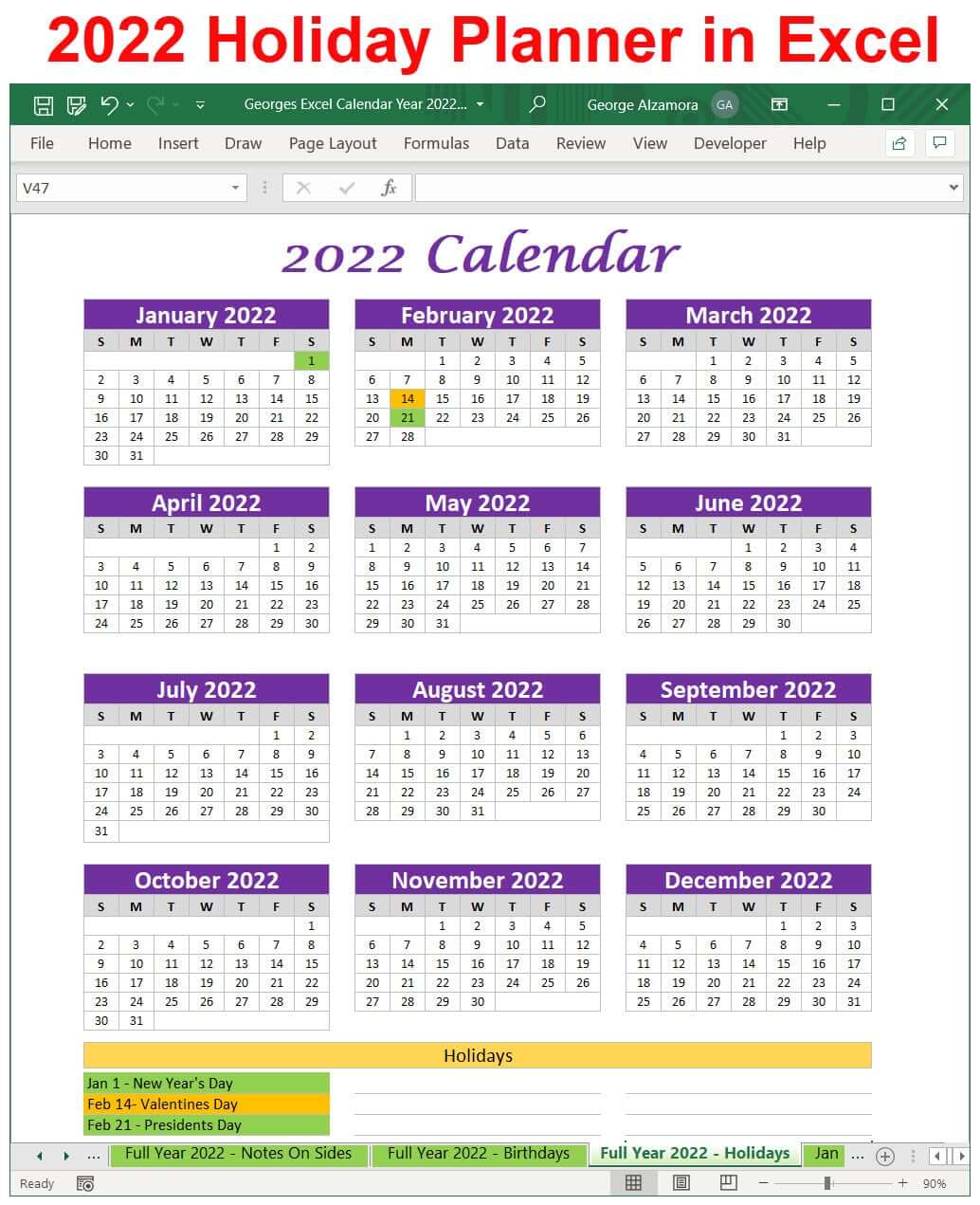 2022 holidays calendar planner Excel-templates