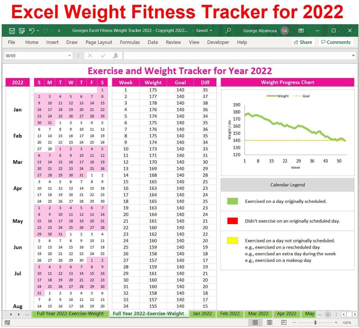 2022 weight loss tracker exercise planner Excel template