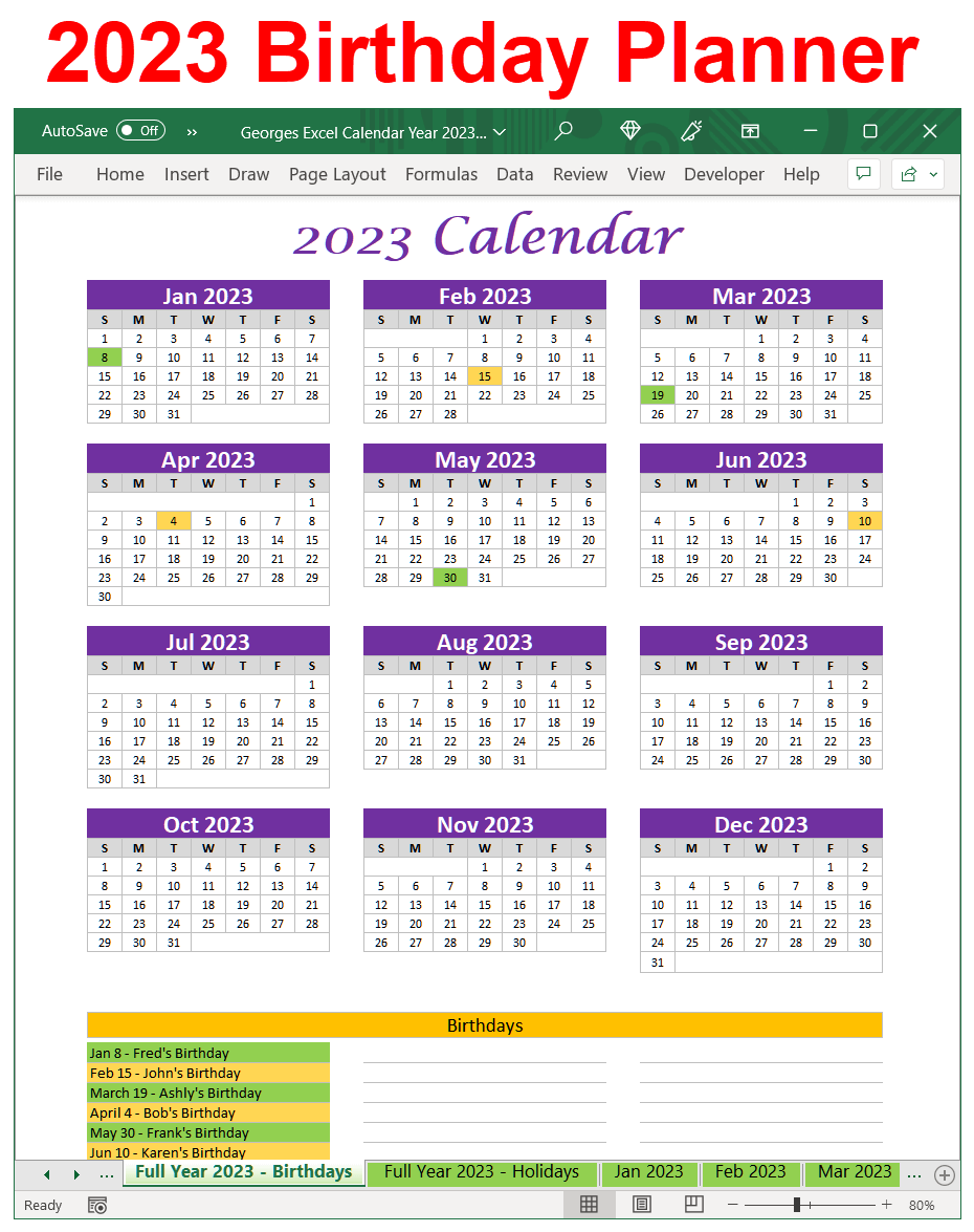 2023 Birthday Calendar Spreadsheet