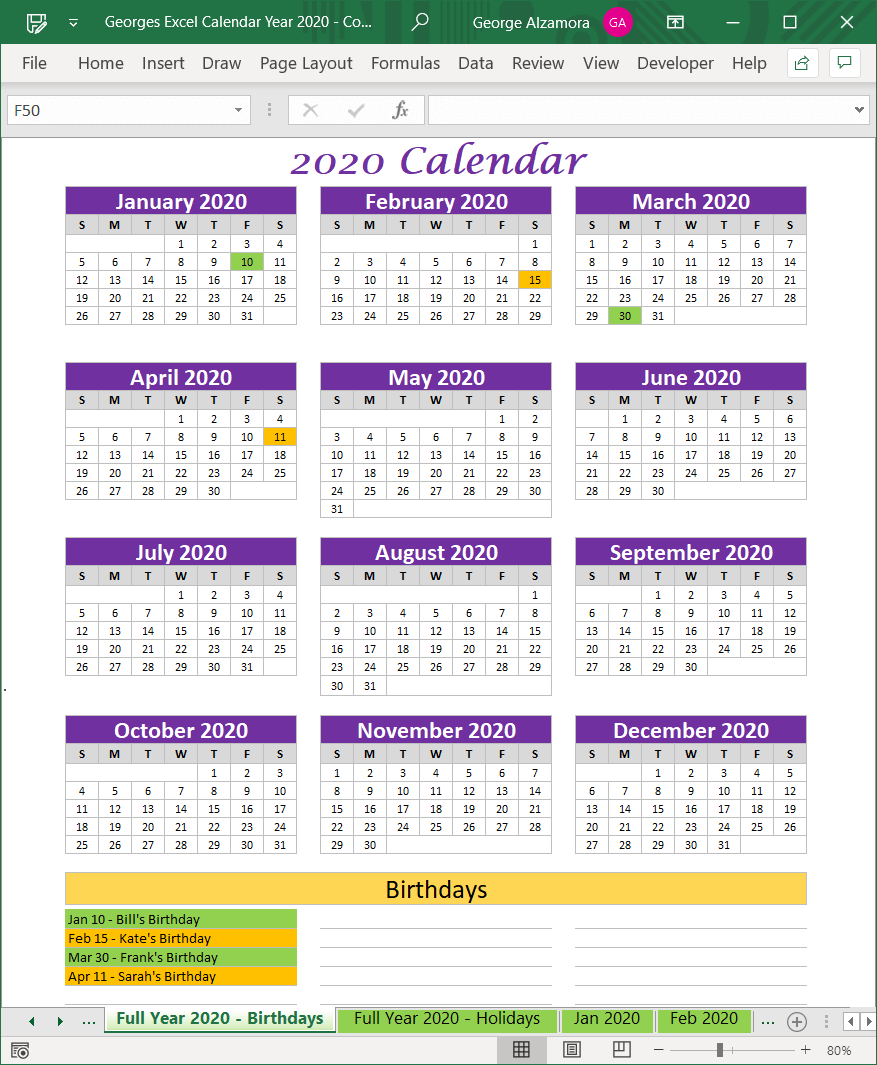 Year 2020 birthday planner calendar Excel