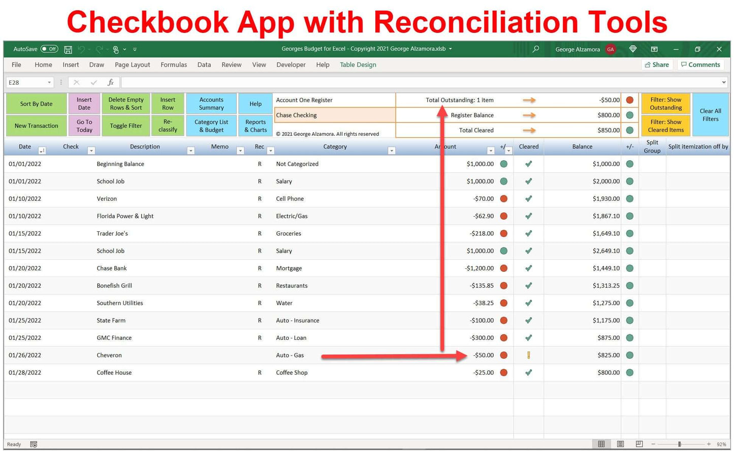Excel Checkbook App with Account Reconciliation