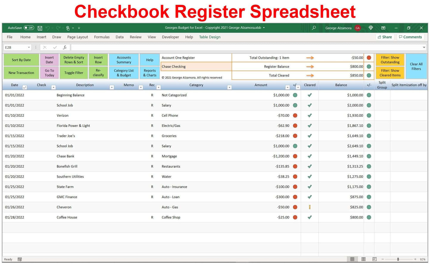 Checkbook Register Spreadsheet