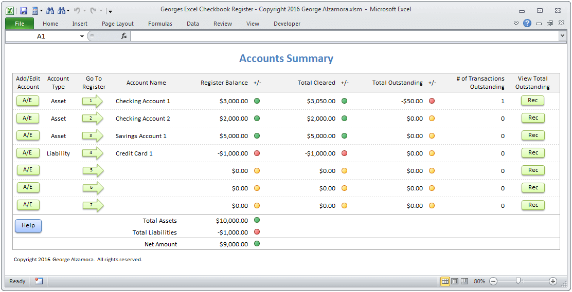Microsoft Excel checkbook spreadsheet software for bank accounts, savings accounts and credit card accounts