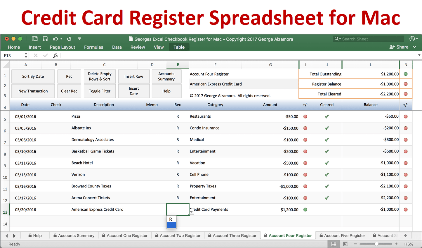 Credit card register software for Mac