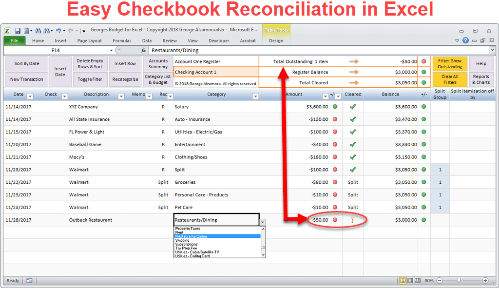 Easy checkbook reconciliation Excel