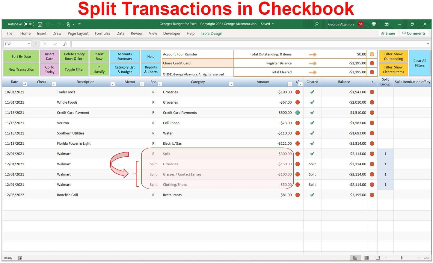 Split Transaction into Multiple Categories - Checkbook Register