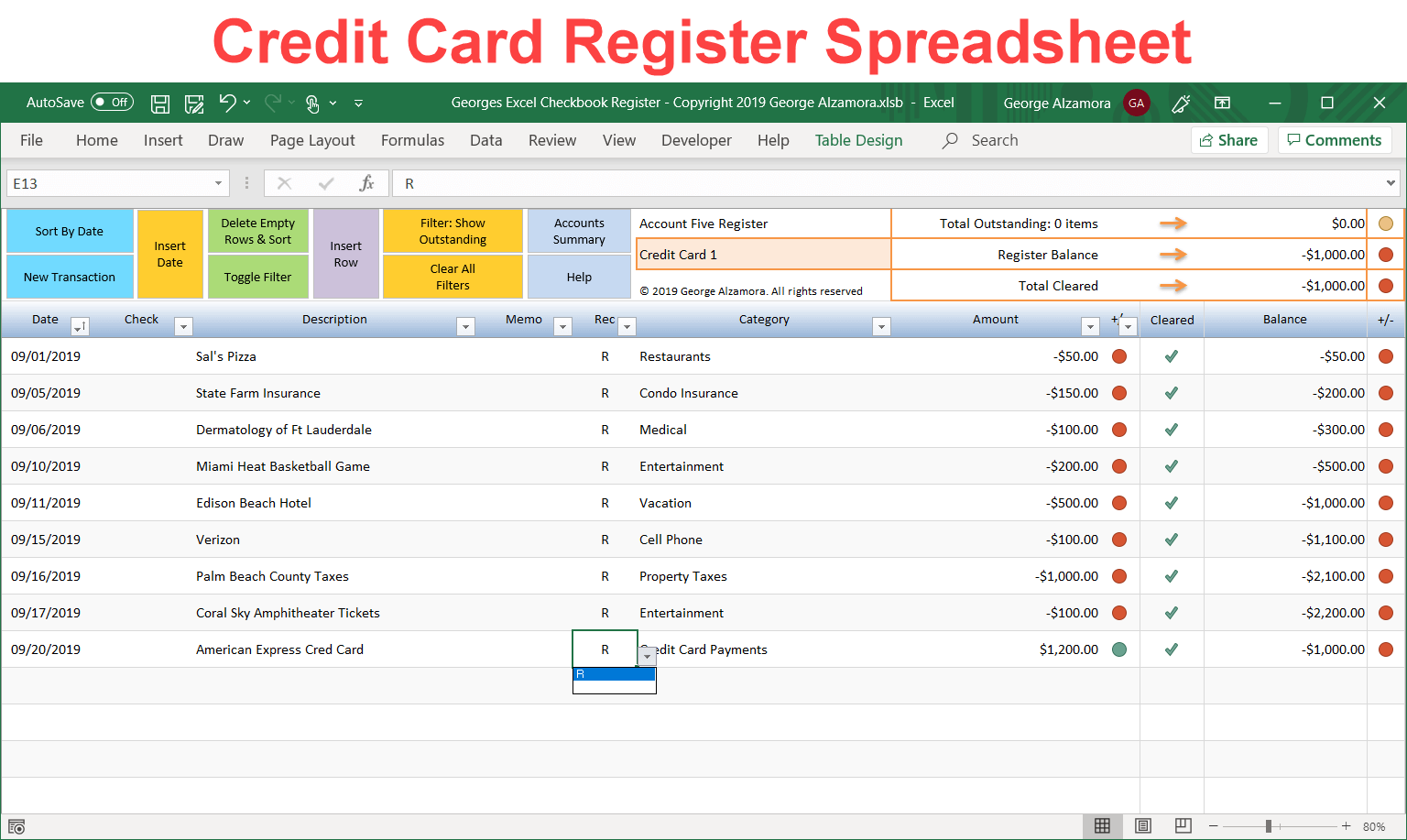 excel credit card register spreadsheet