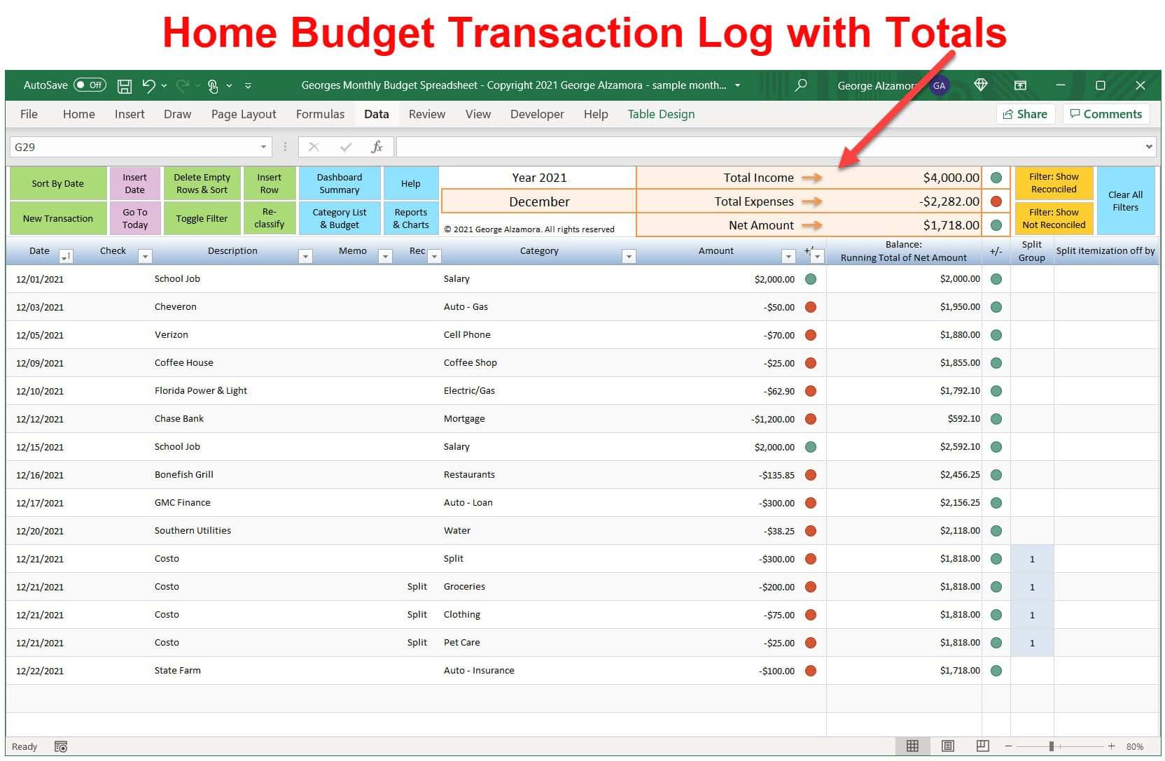 Excel home budget income expense worksheet register