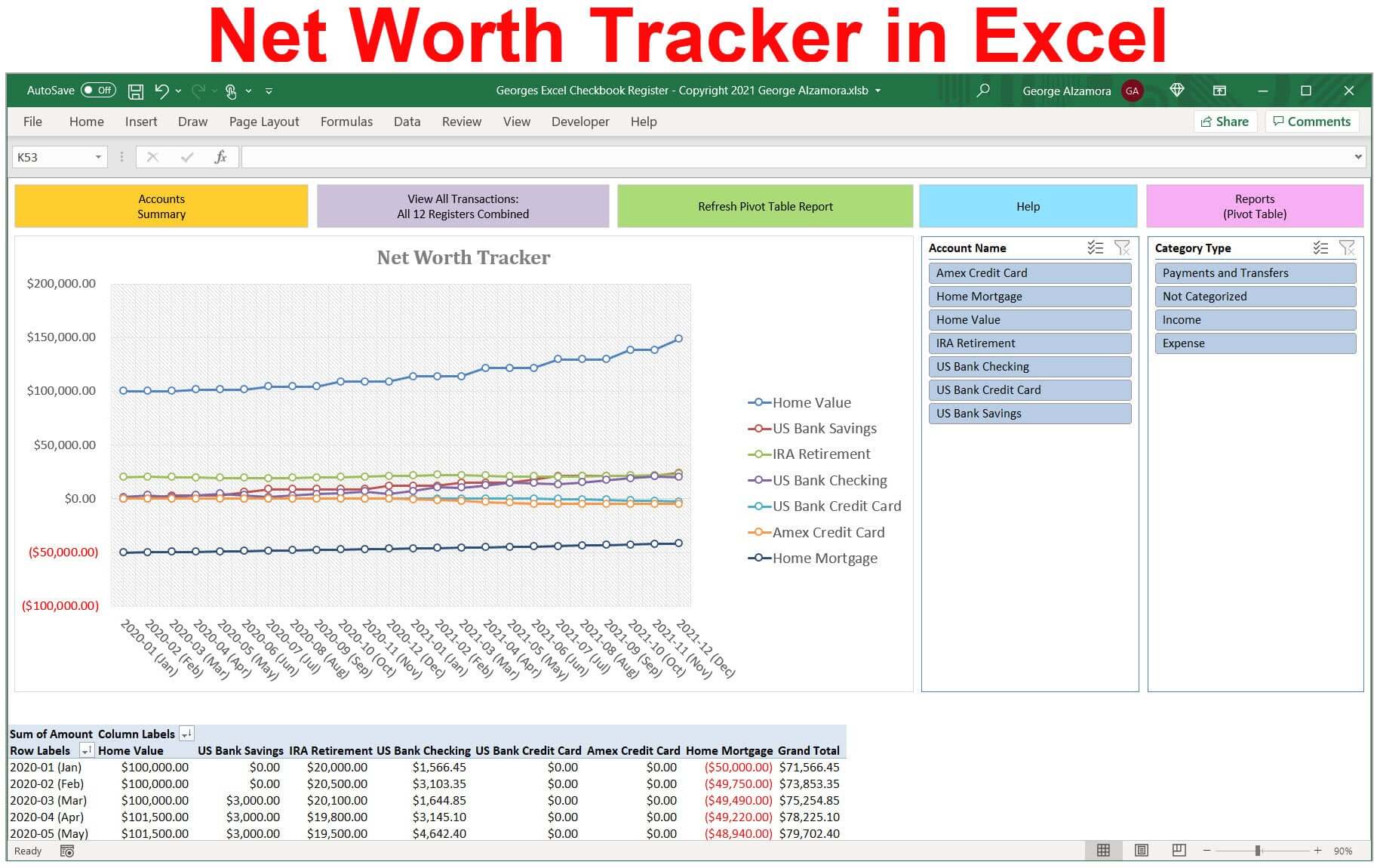 Excel wealth tracker chart spreadsheet