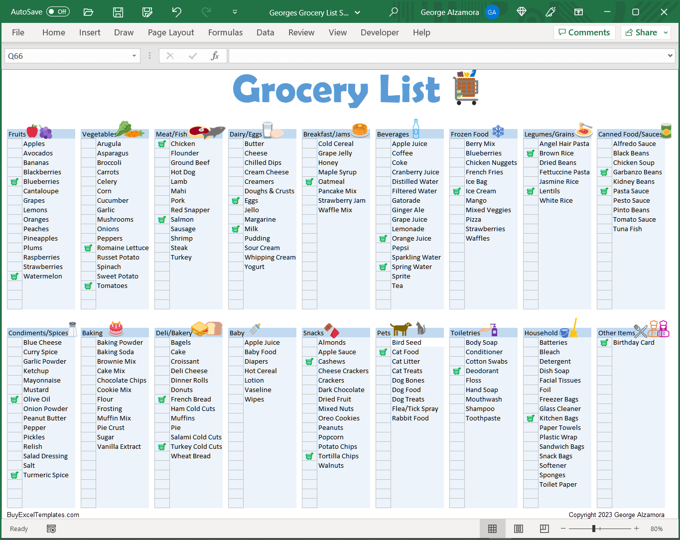 Grocery List Spreadsheet | Printable Food Shopping Planner