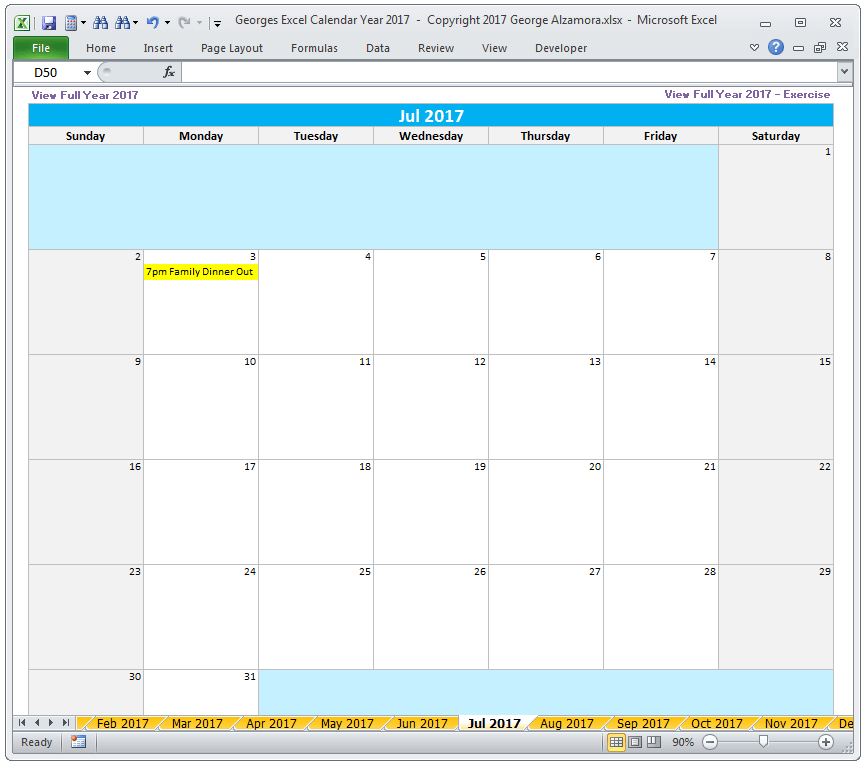 July 2017 Calendar - Monthly Yearly Excel Spreadsheet