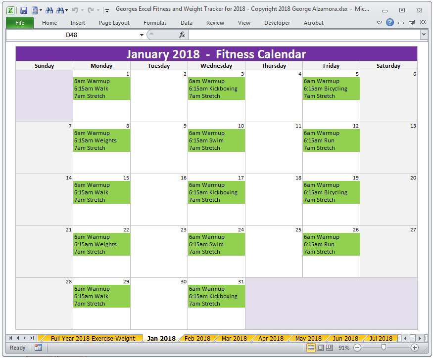 Monthly Fitness Planner Excel Spreadsheet Year 2018