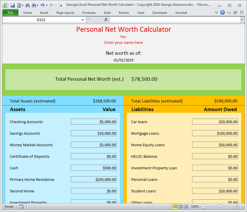 Personal balance sheet assets liabilities net worth worksheet