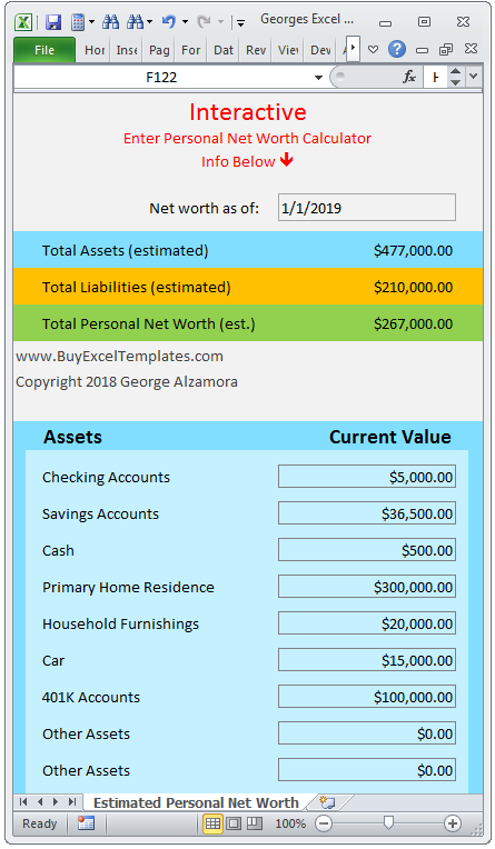 Personal balance sheet spreadsheet excel template