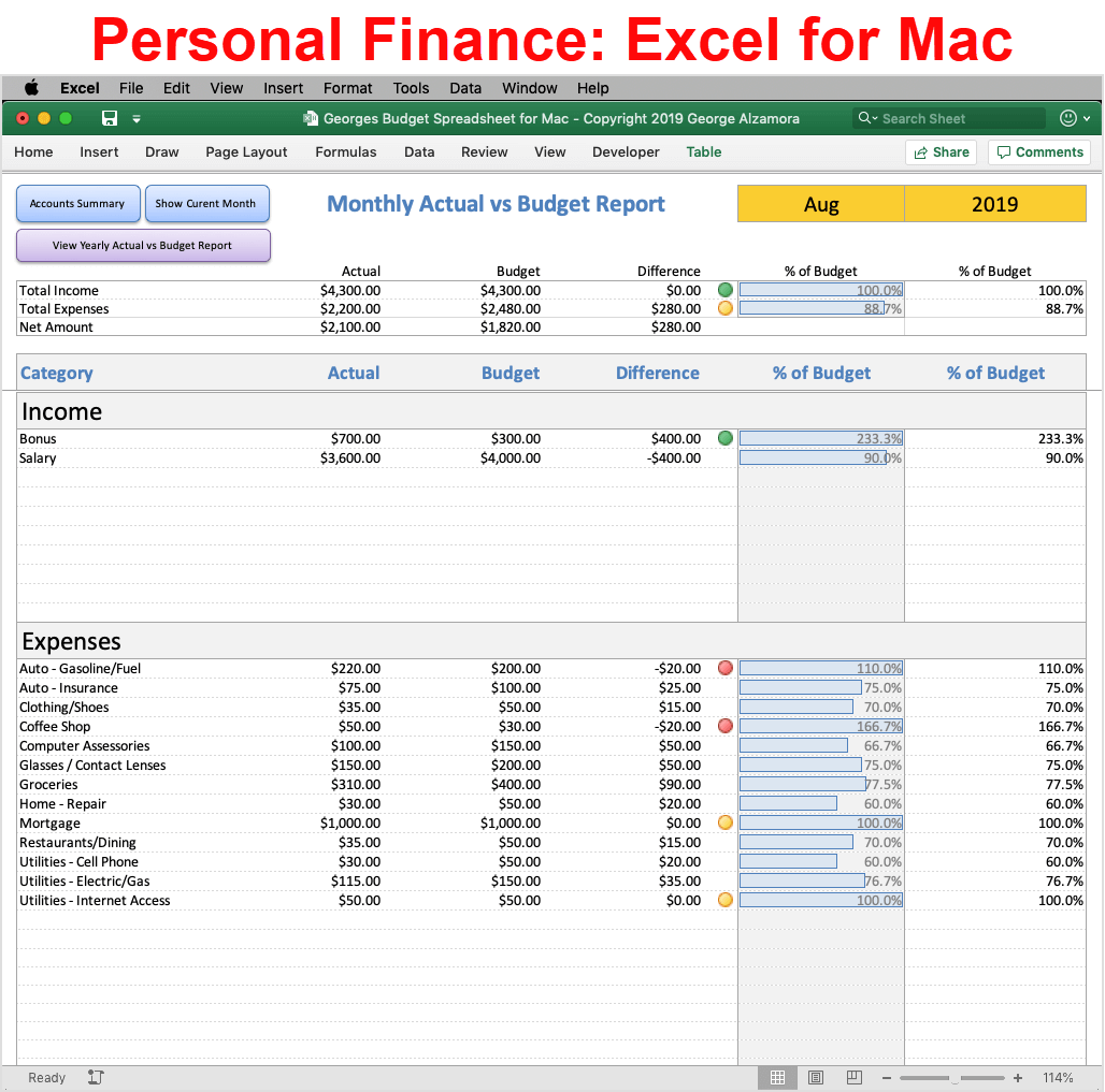 Personal Finance Excel for Mac Spreadsheet