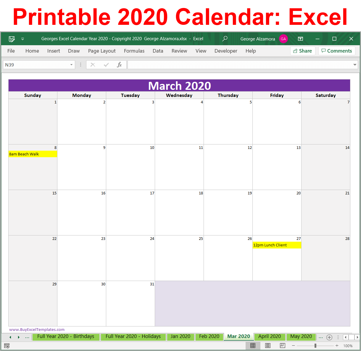Printable 2020 calendar Excel