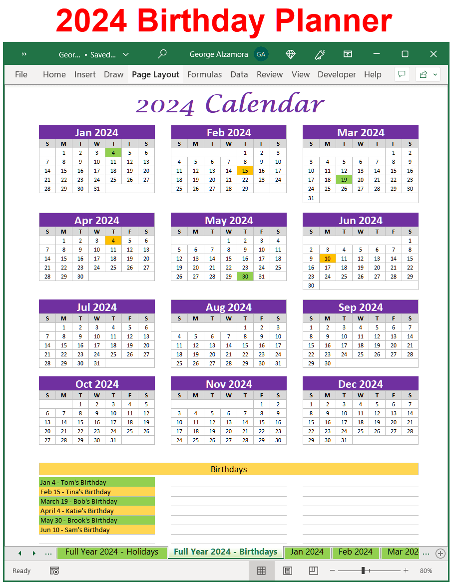 2024 Birthday Calendar Planner