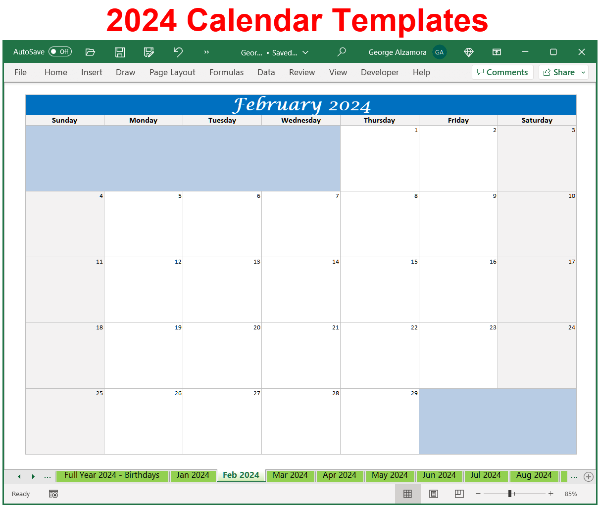 Monthly Calendar Template for Excel and Sheets