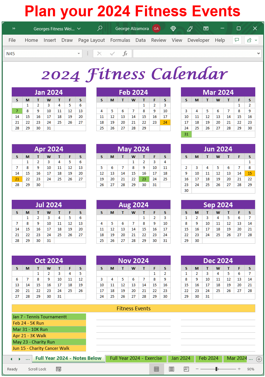 2024 Workout Planner Weight Loss Tracker Excel Spreadsheet Printable