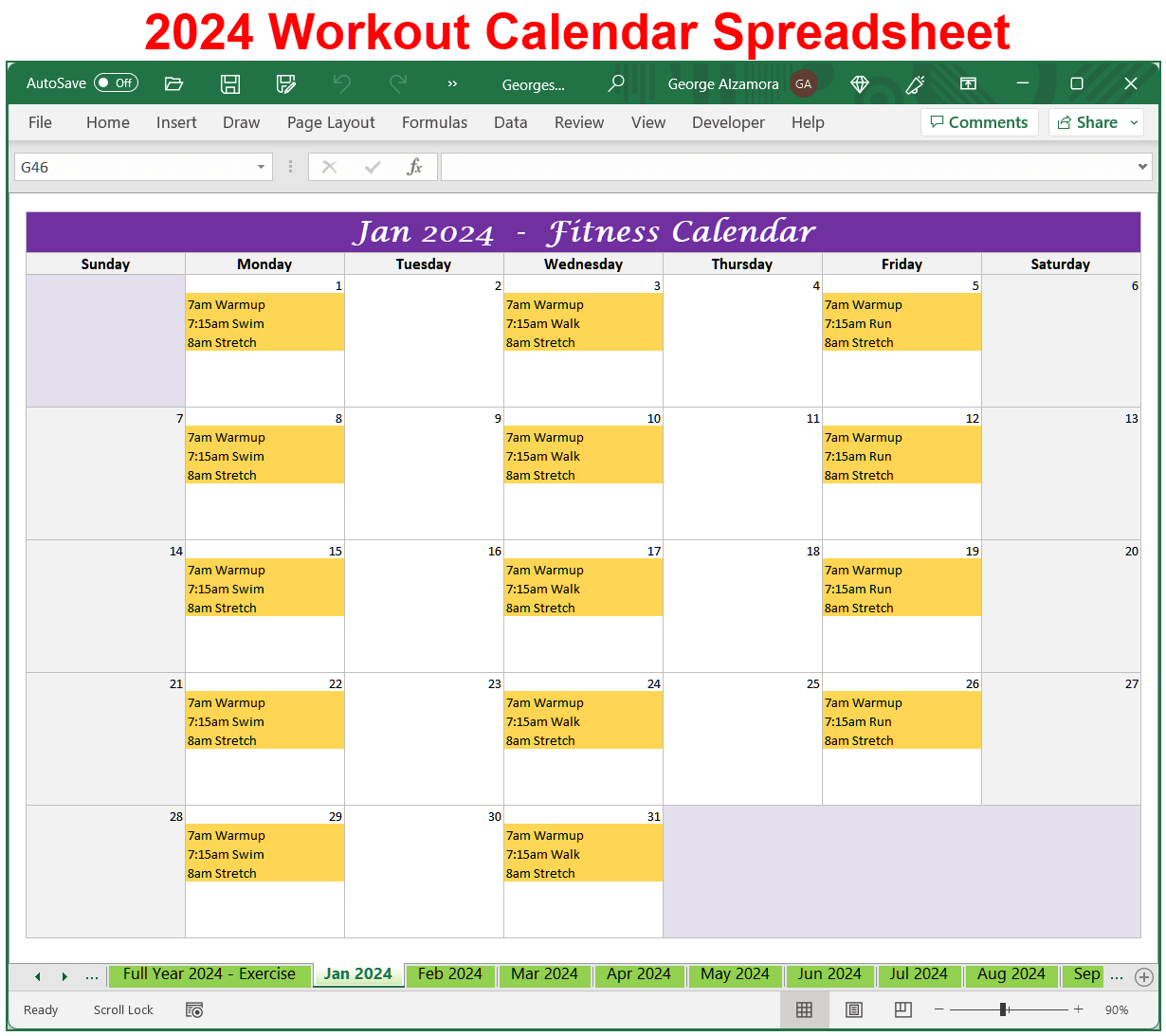 2024 Workout Planner Excel Spreadsheet