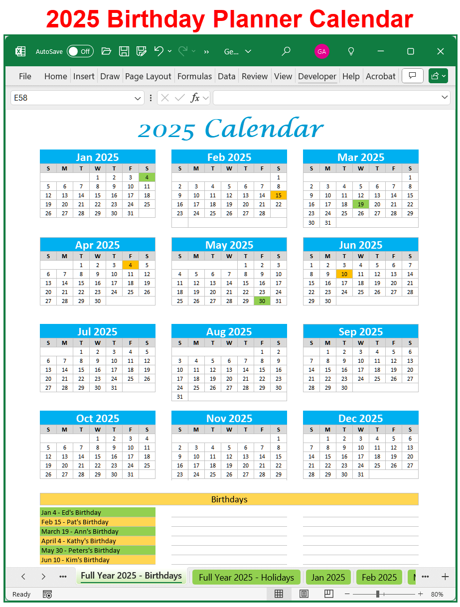 2025 Calendar Spreadsheet Printable and Editable