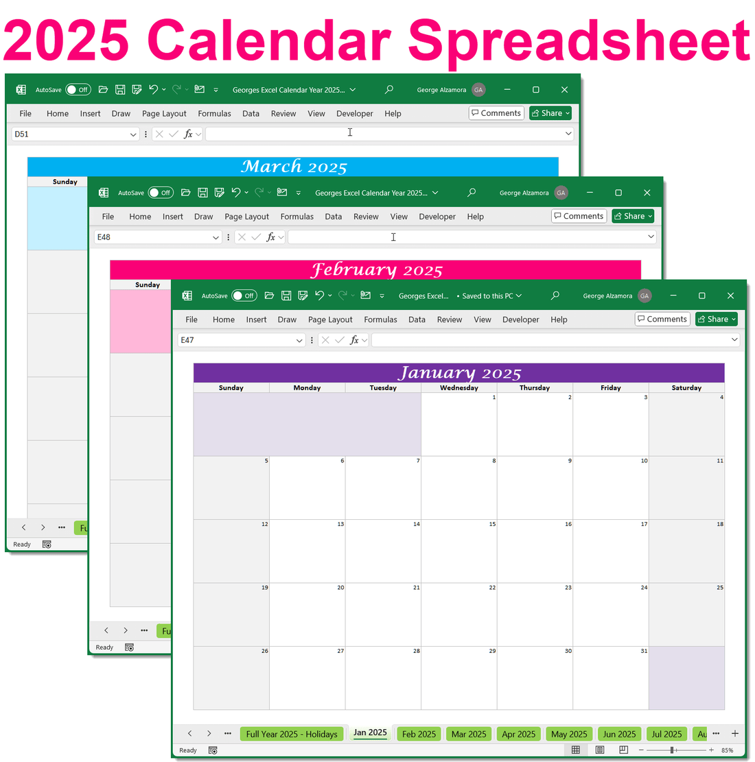 2025 Calendar Spreadsheet Printable and Editable