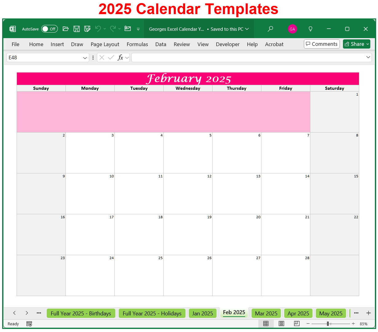 2025 Calendar Spreadsheet Printable and Editable