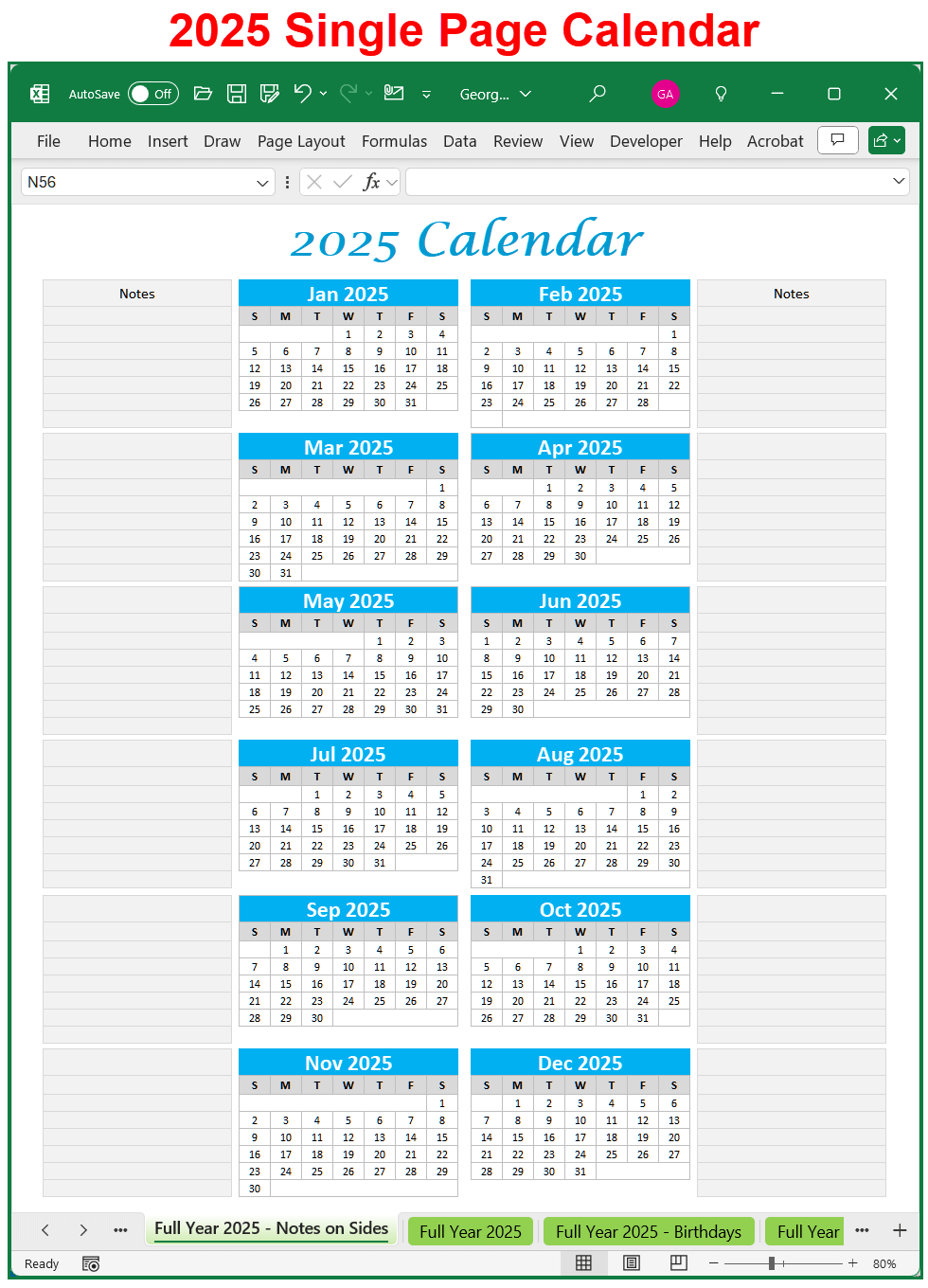 2025 Single Page Calendar Full Year
