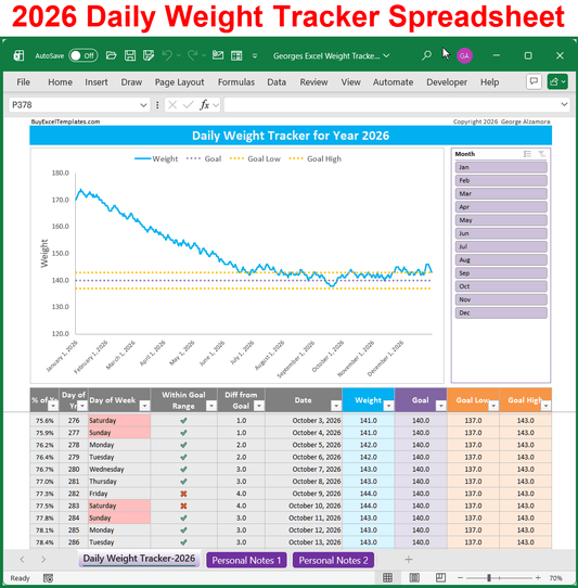 2026 Daily Weight Tracker Spreadsheet