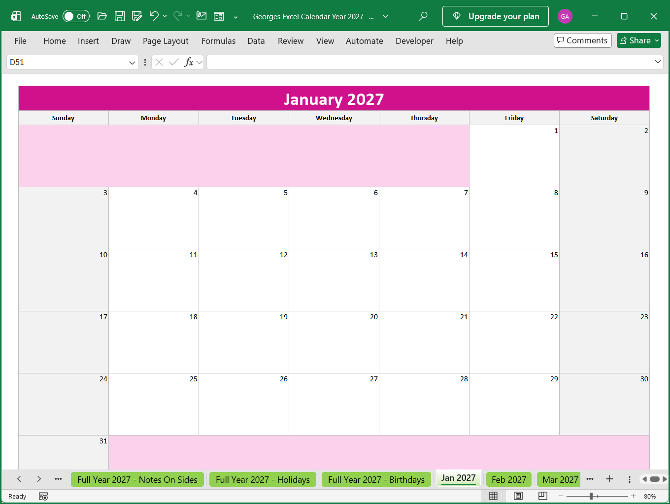 2027 Calendar Spreadsheet