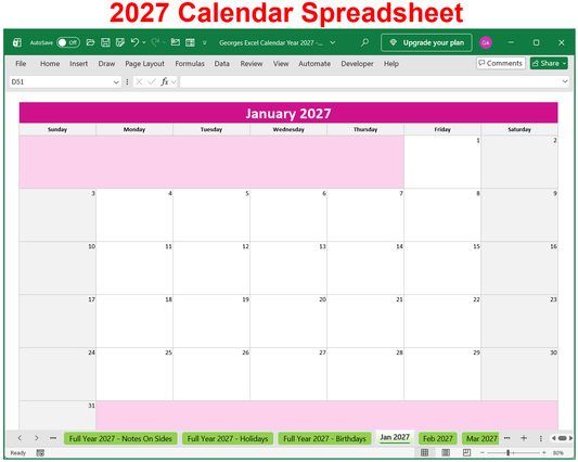 2027 Calendar Spreadsheet