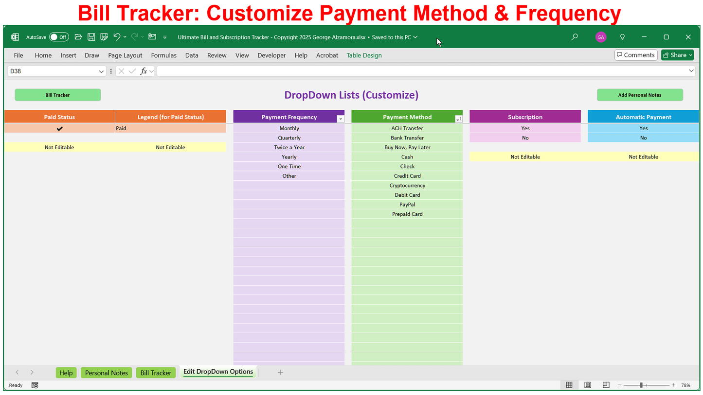 Bill Payment Tracker Customizable-Features