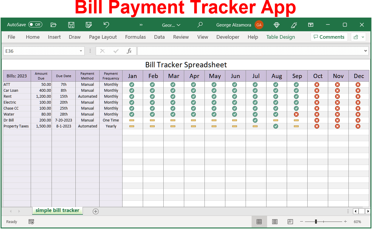 Bill Payment Tracker Spreadsheet