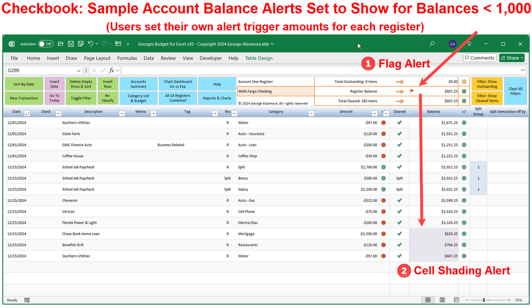 Excel Checkbook Register Template: Categories Reconciliation Spending ...