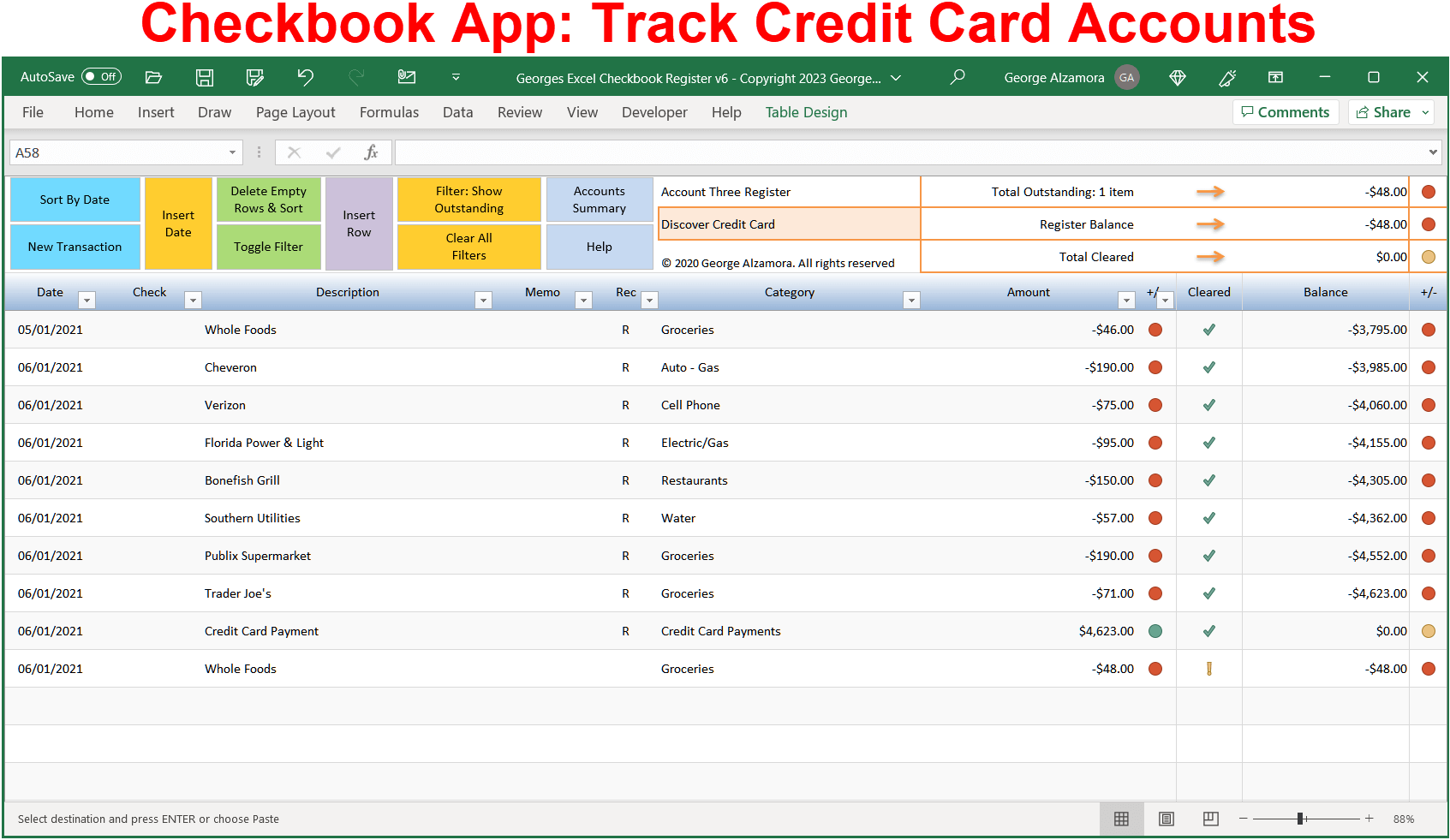 Checkbook App Credit Card Register